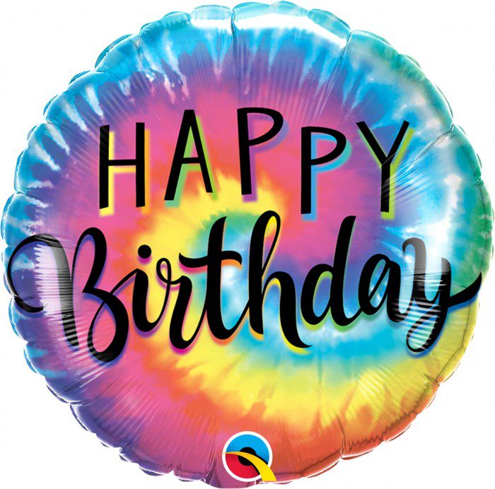 A colorful tie dye balloon with the words " happy birthday ".