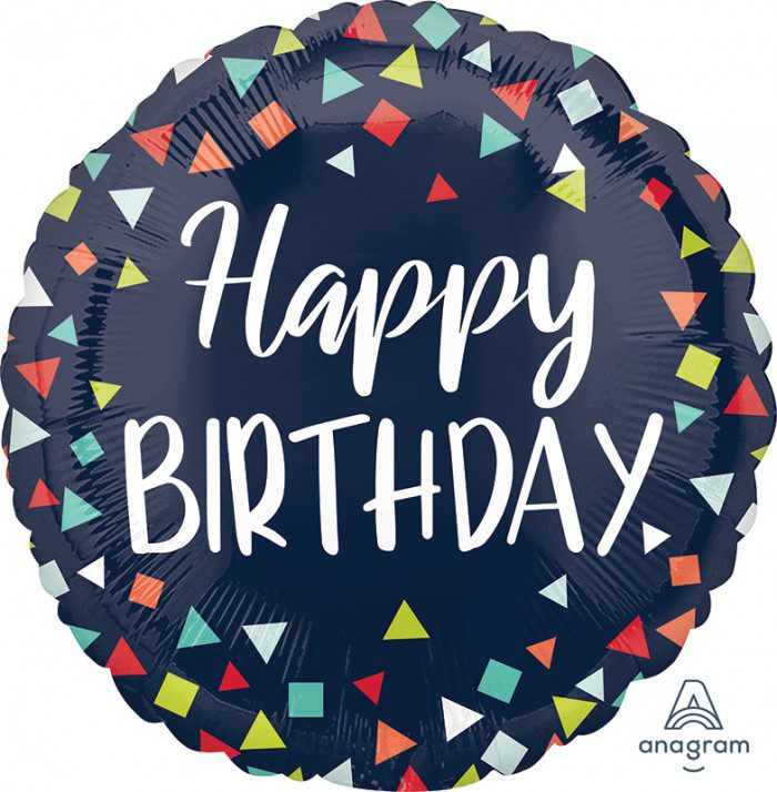 A black and white birthday balloon with colorful triangles.