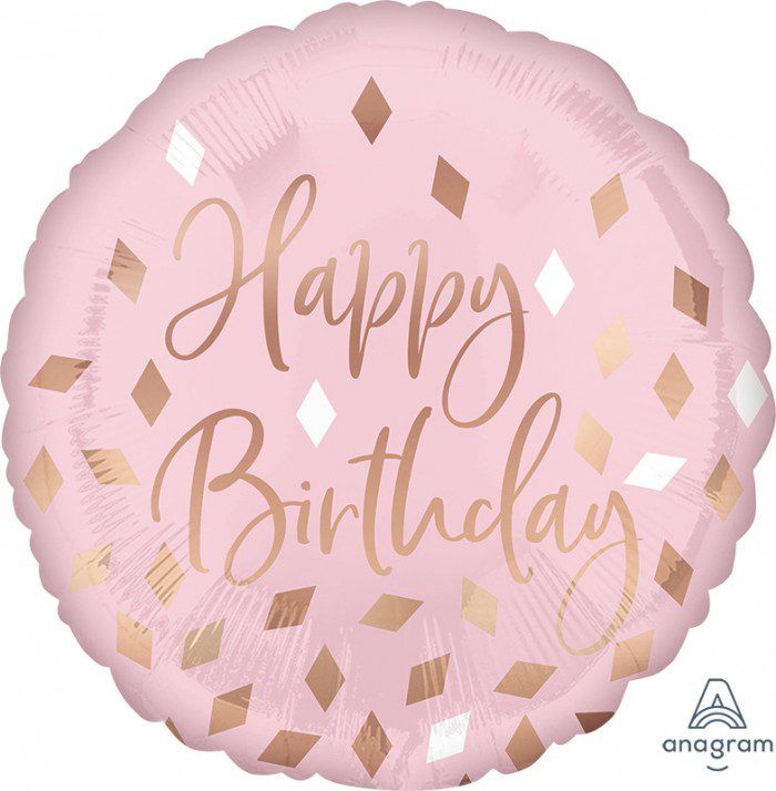 A pink foil balloon with the words " happy birthday ".