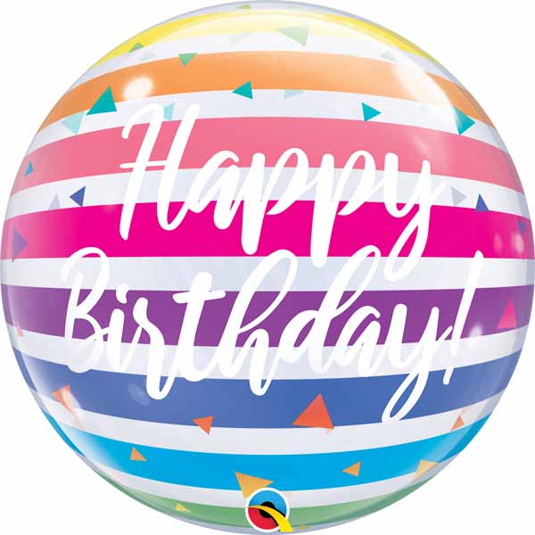 A colorful striped birthday balloon with the words " happy birthday ".