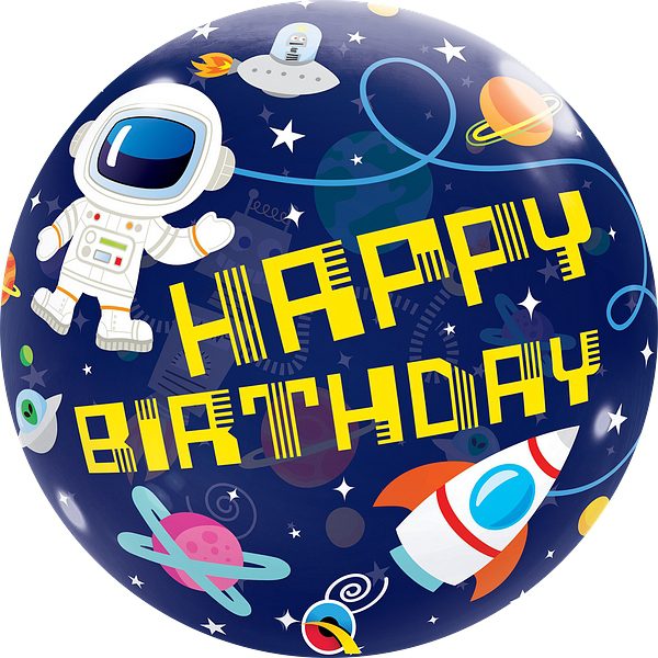 A birthday balloon with space theme and the words " happy birthday ".