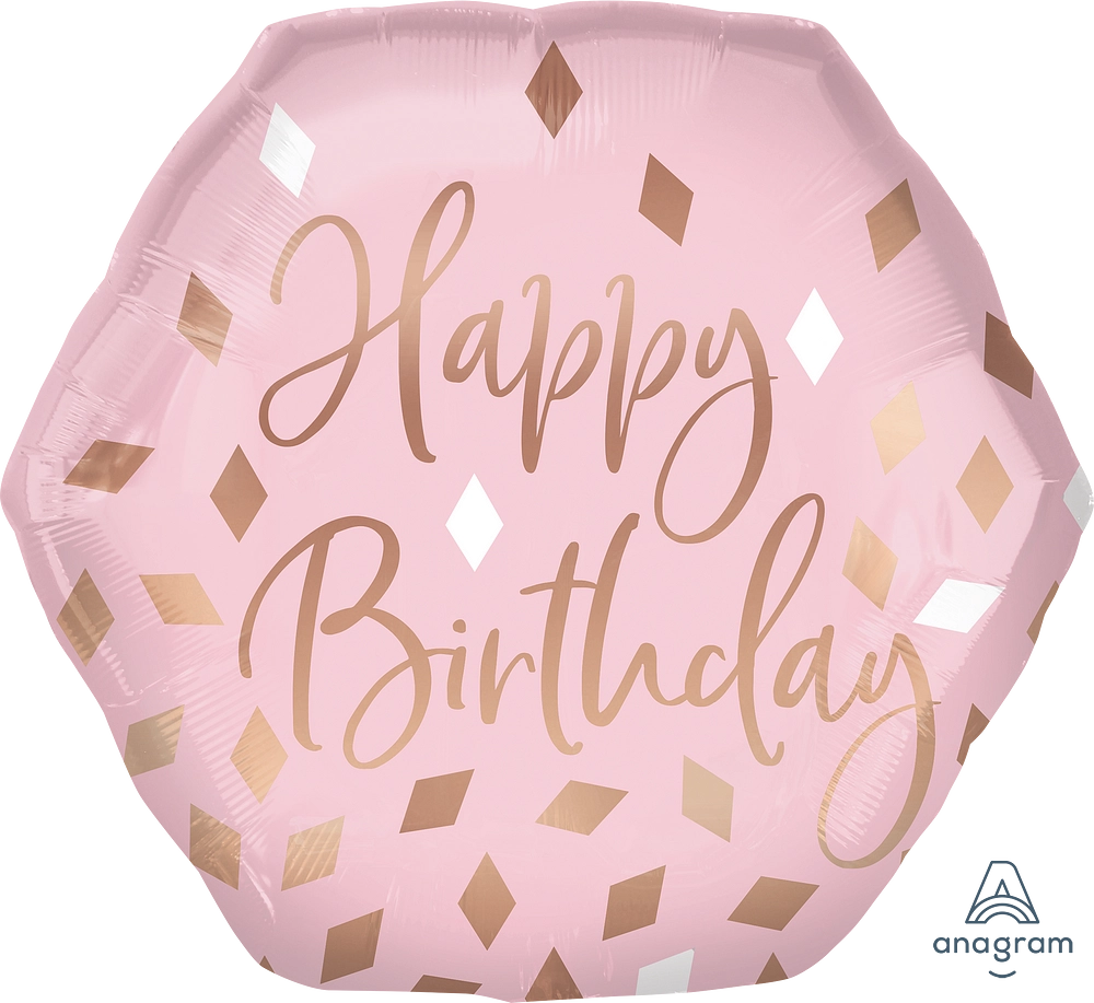 A pink and gold foil balloon with the words " happy birthday ".