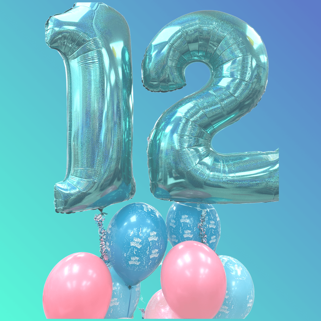A bunch of balloons that are in the shape of 1 2.