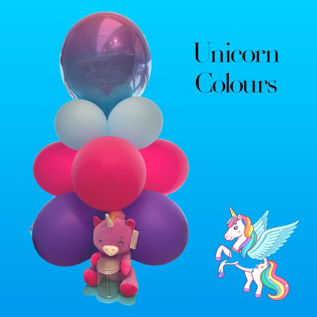 A bunch of balloons that are in the shape of a unicorn.