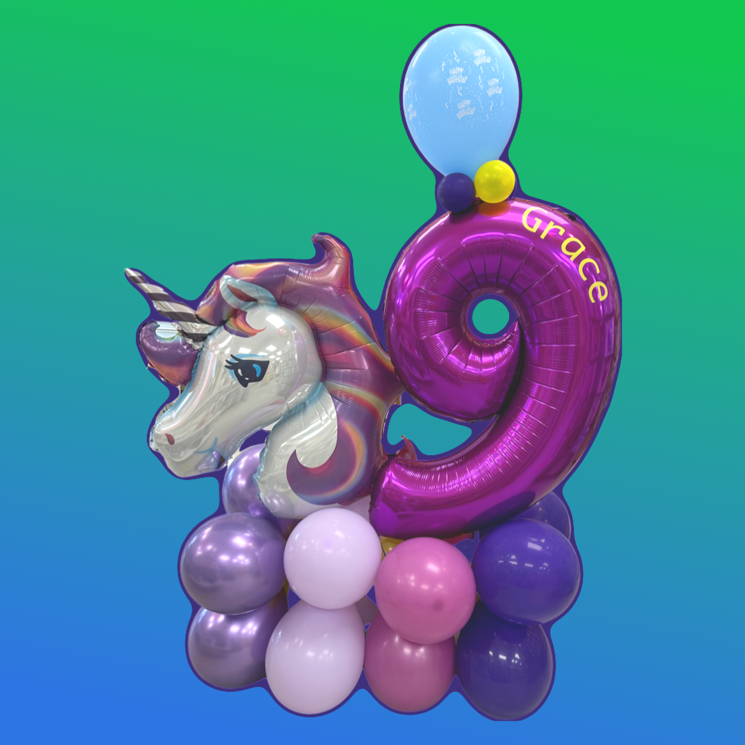 A balloon sculpture of the number nine with a unicorn.