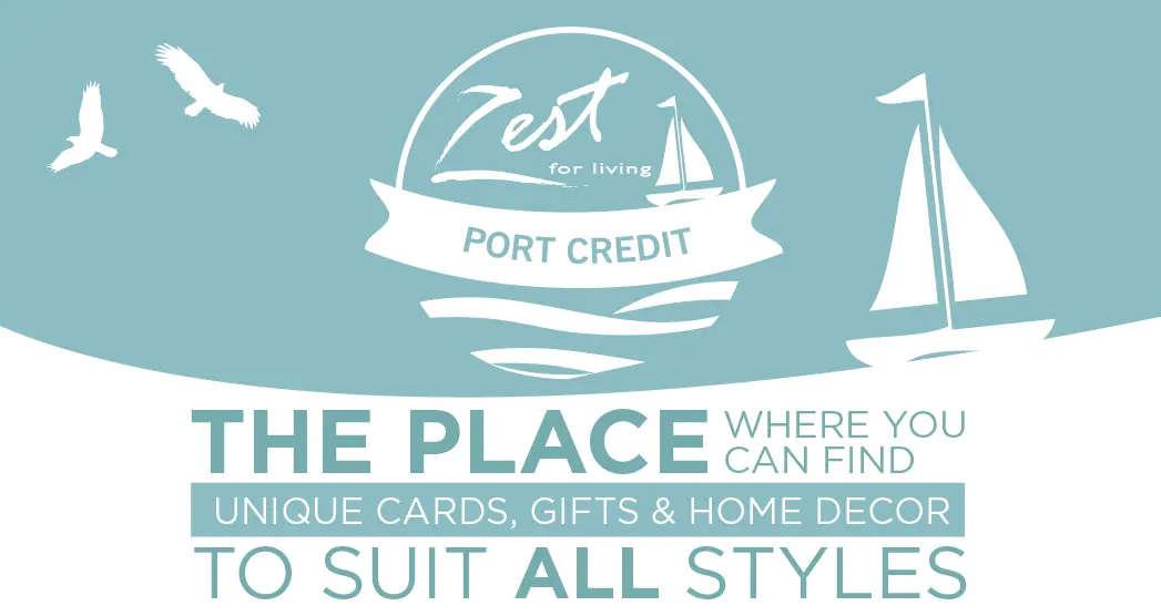 A blue and white graphic with the words port credit