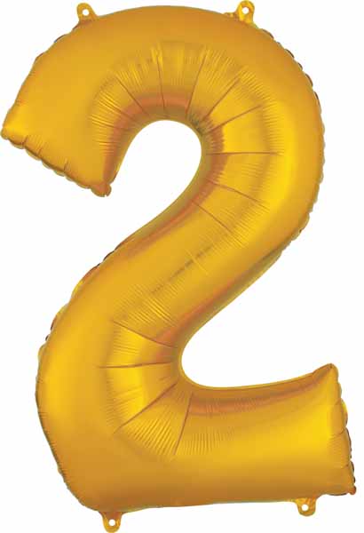 A gold balloon that is shaped like the number two.