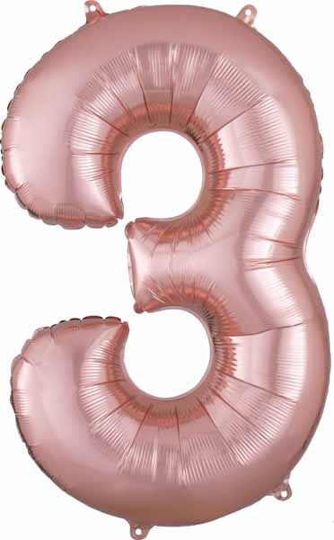 A pink balloon that is shaped like the number three.